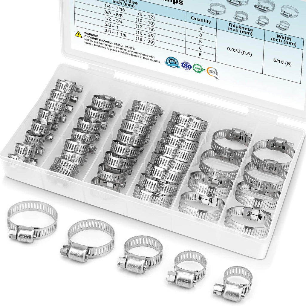 TICONN 40PCS Hose Clamps Set 304 Stainless Steel, 1/4''–1-1/8'' Worm Gear