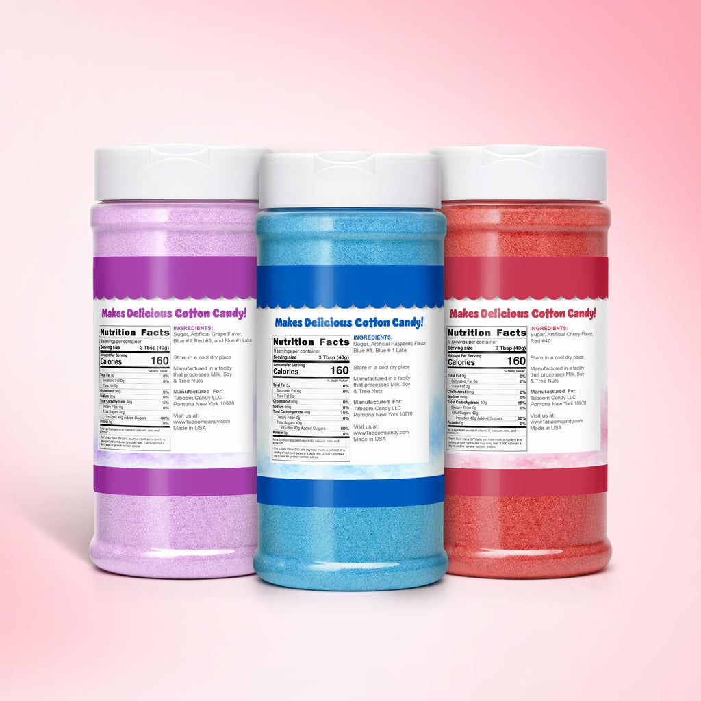 Cotton Candy Sugar Floss Variety Pack - Grape, Raspberry & Cherry Flavors, 3 Bottles (12oz Each) Includes 55 Cotton Candy Cones for Home & Commercial Cotton Candy Machines, Parties, Carnivals & Events