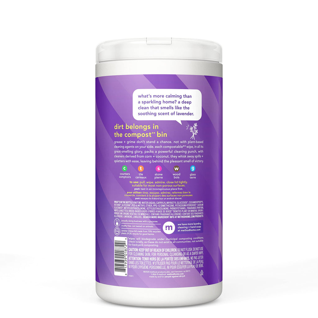 Method All-Purpose Cleaning Wipes, French Lavender, Multi-Surface, Compostable, 70 Count (Pack of 6)
