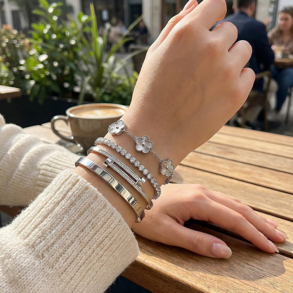 Camhanno Gold Bracelets for Women-4Pcs 18K Gold Plated Love Bangle Tennis Clover Nail Bracelets Stack Set for Women Trendy Non Tarnish Stainless Steel Gold Bangles Accessories Designer Jewelry (Silver Stack Bracelet -2)