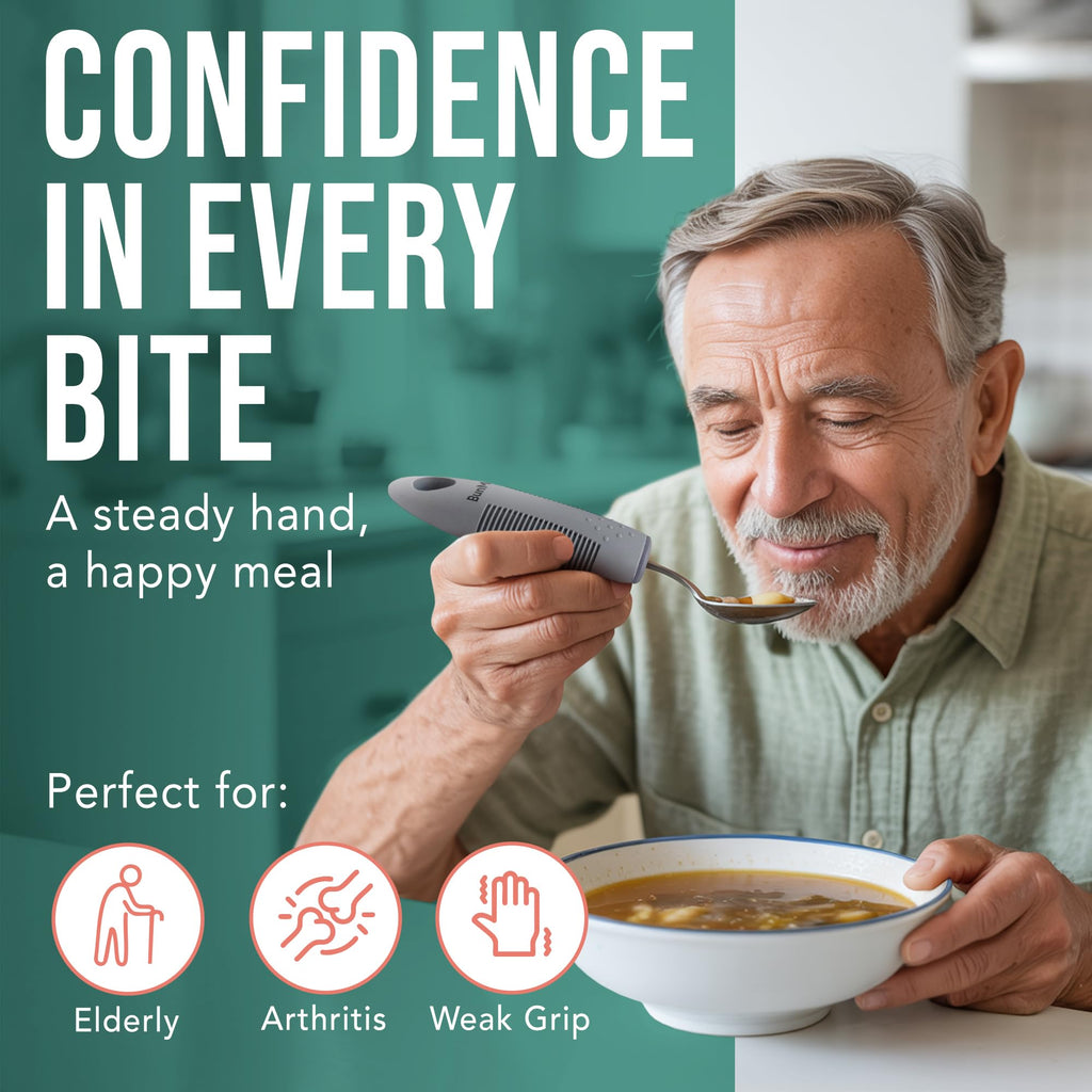BUNMO Adaptive Utensils for Elderly, Tremors & Weak Hand Grips – 4pc Lightweight Assistive Silverware Set with Foam Easy Grip Handles – Discreet Canvas Travel Wrap – Dishwasher Safe