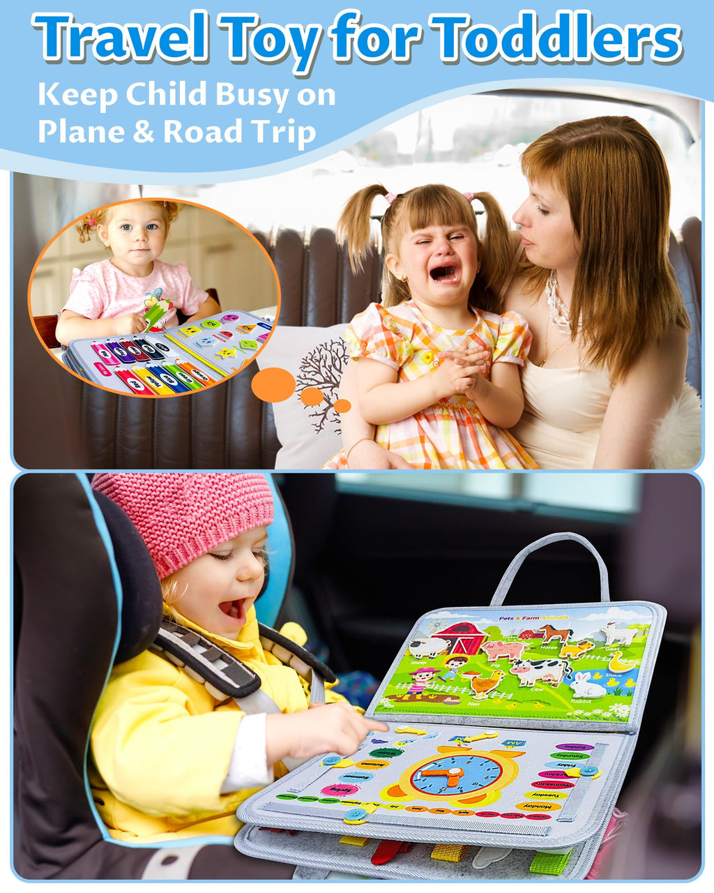Board Toys for Toddler Boy & Girl Birthday Gifts, Busy Book Learning Sensory Toys for Toddlers, Toddler Travel Toy Educational Activities Learn Fine Motor Skills
