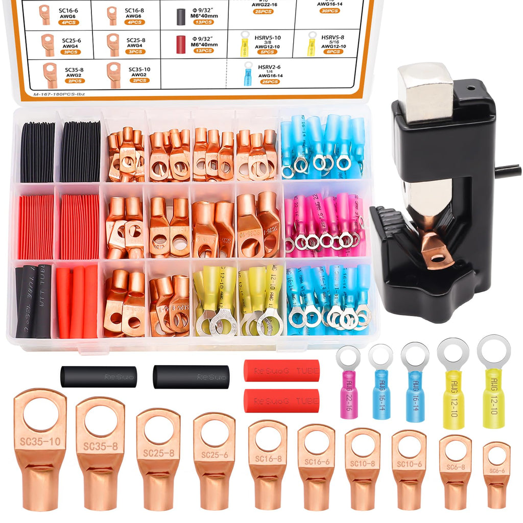 mankk 180PCS Copper Wire Lugs with Tool AWG 2 4 6 8 10 12 14 16 Gauge Battery Terminal Connectors Battery Cable Ends Connectors Copper Ring Terminal Kit with Heat Shrink