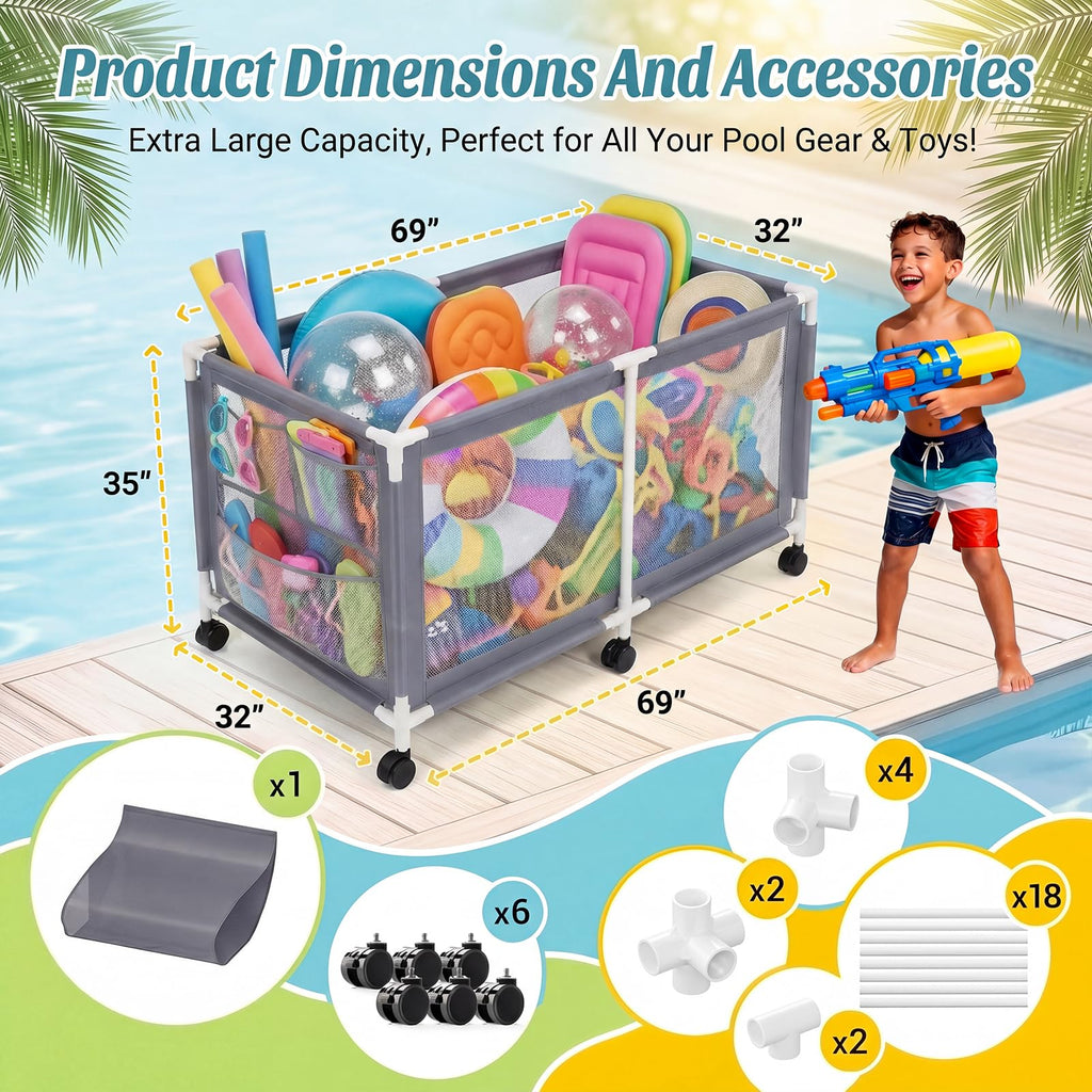 Extra Large Swimming Pool Storage Organizer Upgraded 280-Gallon Rolling Bin with Wheels Side Pockets Float Noodles Holder Mesh Cart for Pool Toys Swim Rings Surfboards Beach Gear Patio Yard Organizer