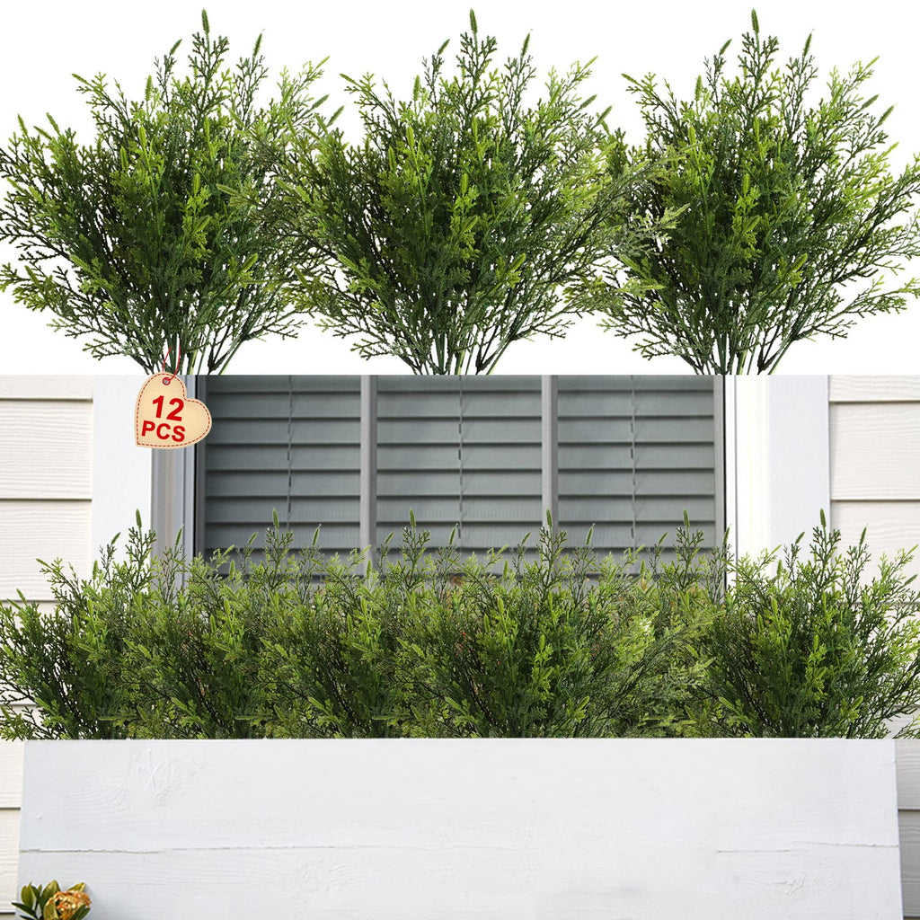 Yoratee Artificial Outdoor Plants 12 PCS Christmas Fake Cedar Pine Stems UV Resistant Faux Greenery Branches for Window Boxes Planters Garden Porch Home Decor