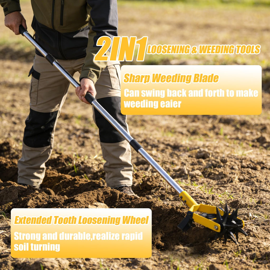 2-in-1 Garden Rotary Cultivator Tool Adjustable Handle Lawn Tools Hand Rotary Tiller for Loosening Soil and Lawn Care, Reseeding Grass, Weeder, Soil Mixing, Manual Yard Tiller