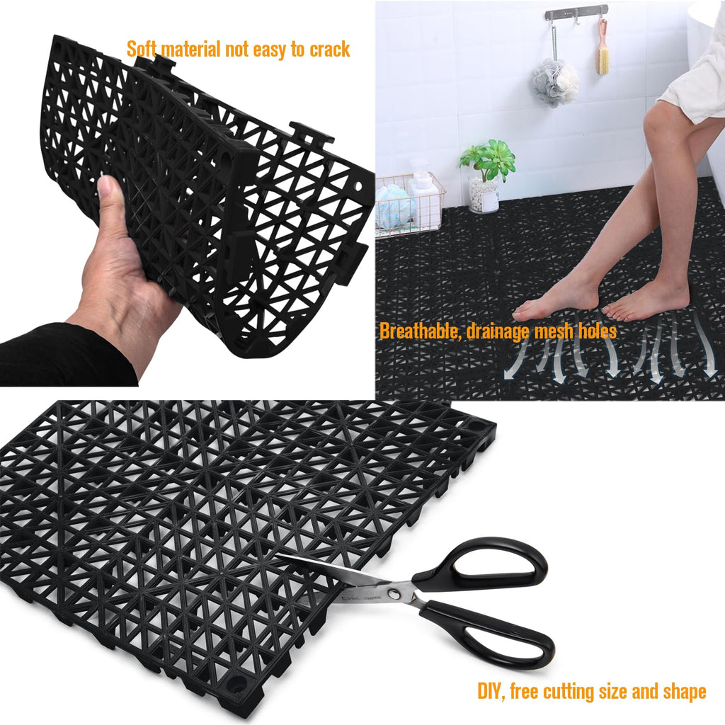 12 Pcs Drainage Mat Modular Interlocking Cushion 11.8" x 11.8" Garage Floor Tiles Non-Slip Splicing Rubber Floor Tiles for Drain, Deck, Pool, Outdoor/Indoor (Black)