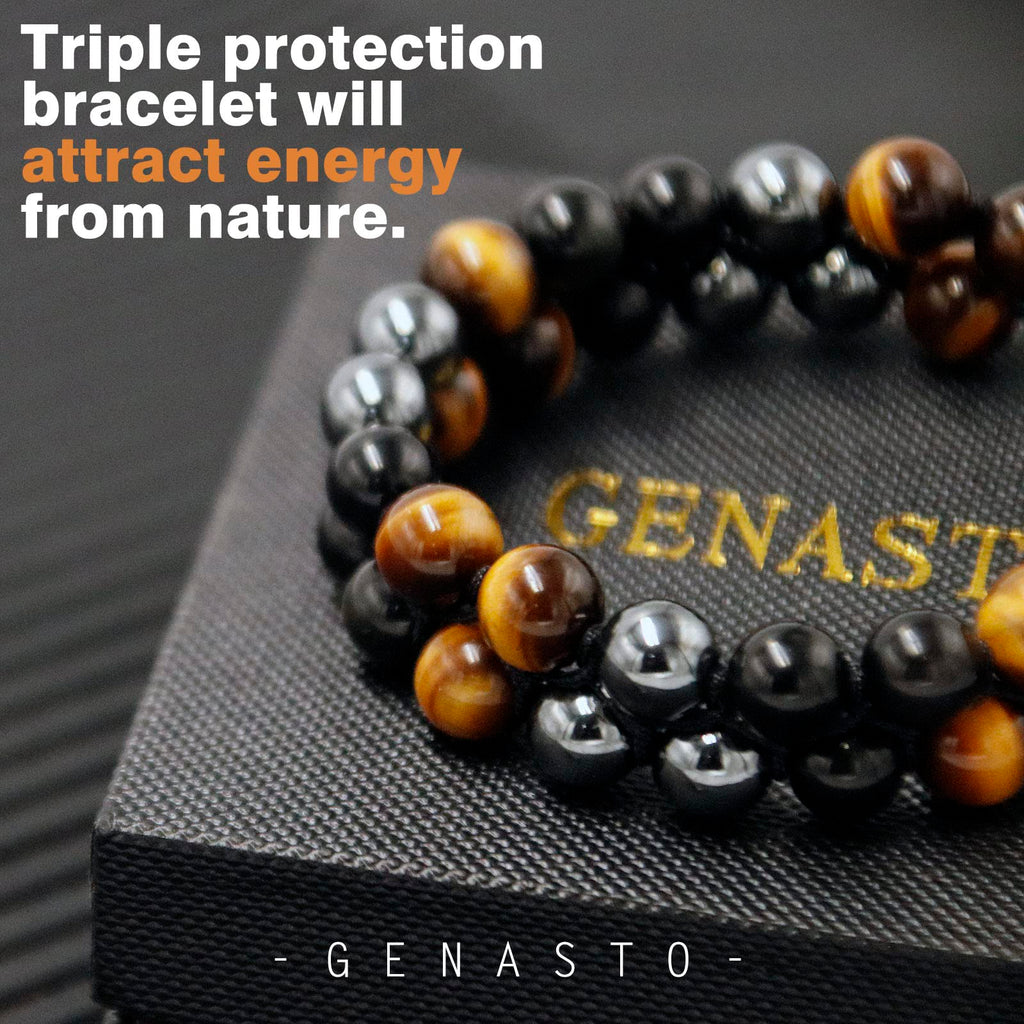 GENASTO Healing Crystals Tigers Eye Black Obsidian Hematite 8mm Stone Beads Good Luck Triple Protection Bracelet for Men Women