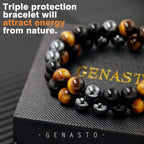 GENASTO Healing Crystals Tigers Eye Black Obsidian Hematite 8mm Stone Beads Good Luck Triple Protection Bracelet for Men Women