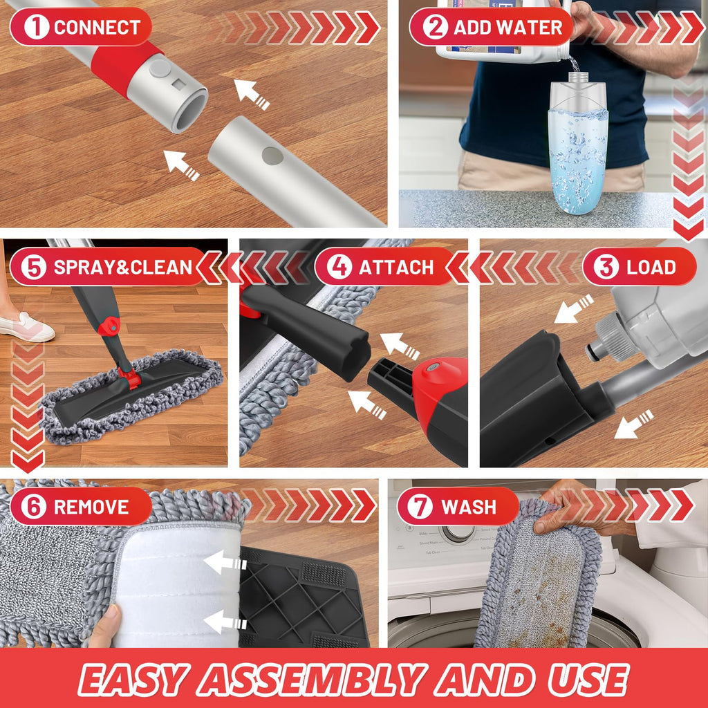 HOMTOYOU Microfiber Hardwood Floor Mop: Dust Spray Mops for Cleaning Wood Home Kitchen Floors - Wet Mopping & Dry Sweeping - 3 Reusable Refills & 1Pcs 400+ML Refillable Bottle