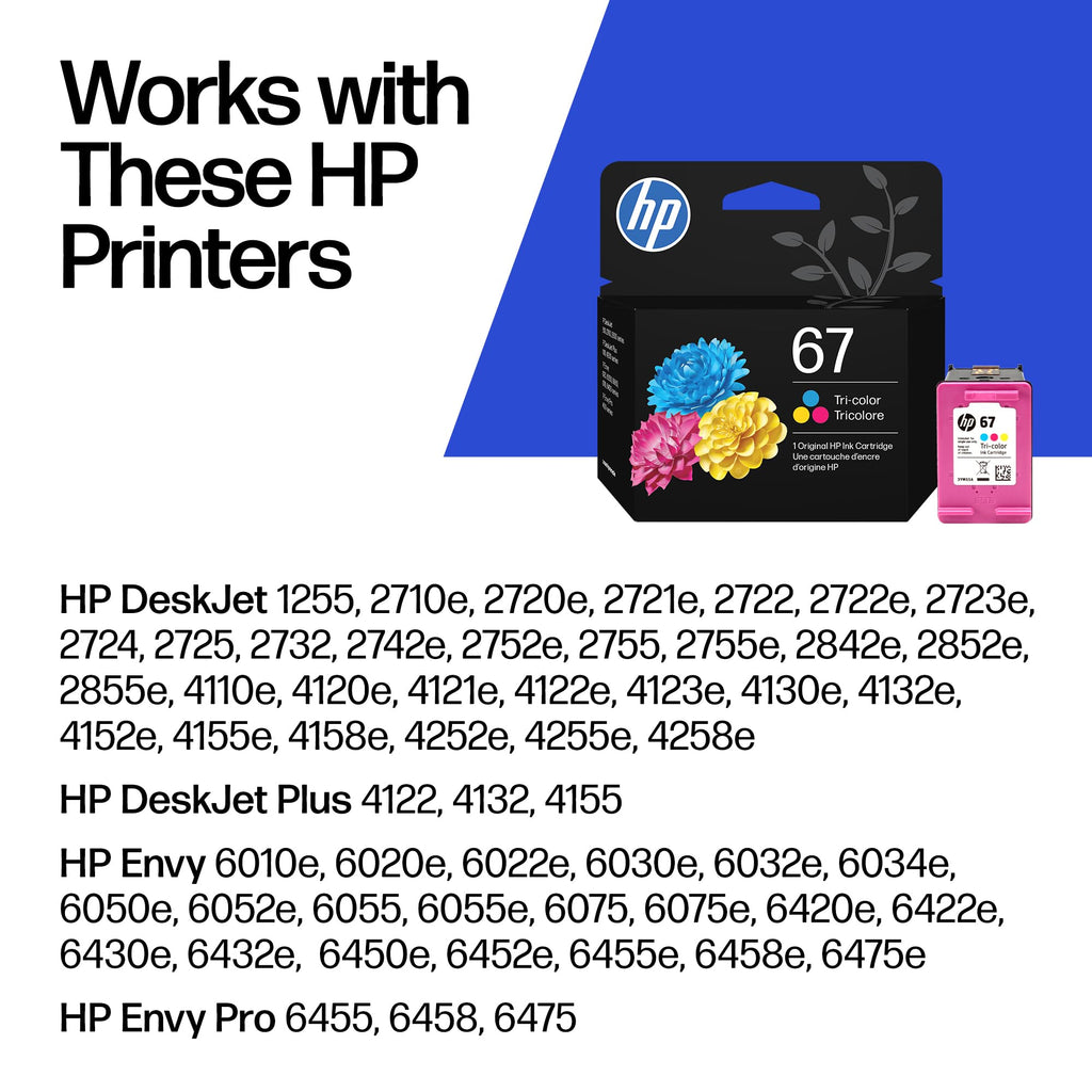 HP 67 Tri-Color Ink Cartridge | Works with DeskJet 1255, 2700, 4100 Series, Envy 6000, 6400 Series | Eligible for Instant Ink | 3YM55AN | Packaging May Vary