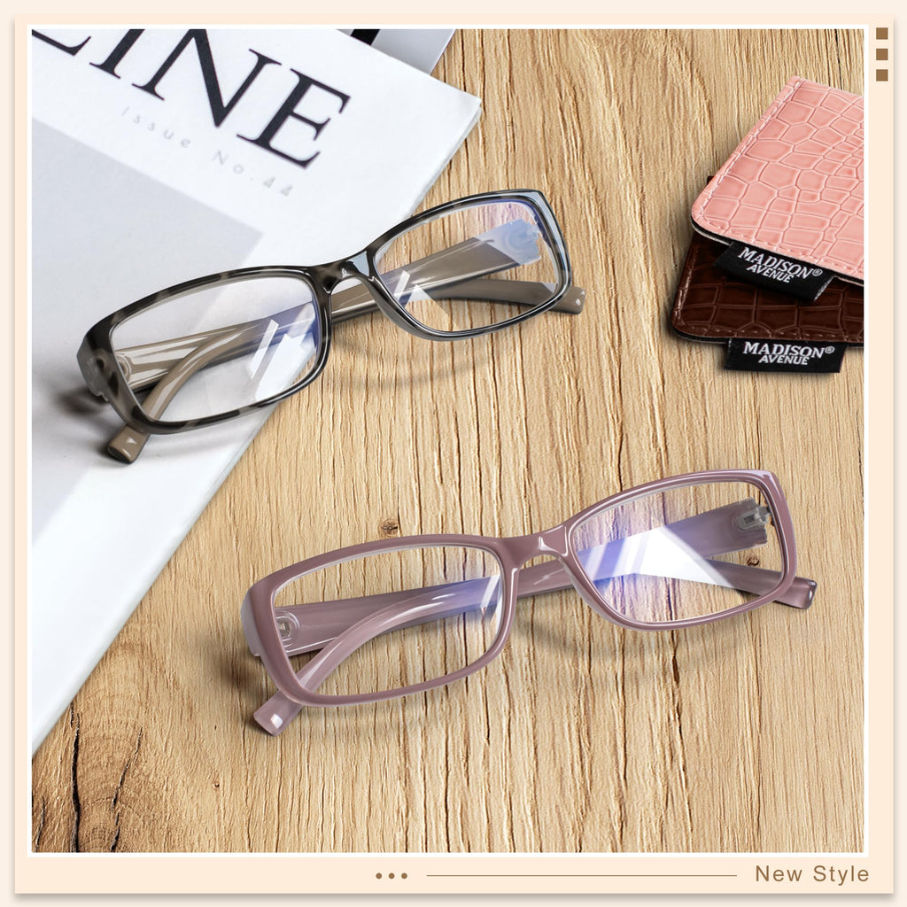 Madison Avenue 2 Pack Classic Blue Light Blocking Reading Glasses for Women, Vintage Anti Glare/Eyestrain Computer Readers Demi/Purple +1.25
