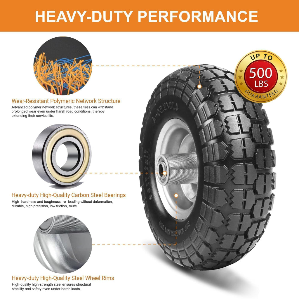 4.10/3.50-4 Tire and Dolly Wheel Flat Free - Solid Rubber Hand Truck Wheels 5/8" Axle - Gorilla Cart Tires Replacement for Garden, Wagon, Yard and Wheelbarrow (10 Inch 4 Pack)