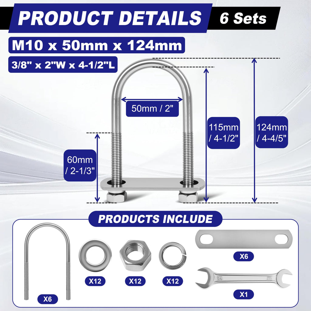 ZYUAROM 6 Sets M10 U Bolts 2 Inch Wide, 3/8" x 2"W x 4-1/2"L 304 Stainless Steel U Bolt Heavy Duty for Boat Trailer with Nuts, Bolt Plate and Washers (6, M10 x 50mm x 124mm)