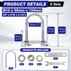 ZYUAROM 6 Sets M10 U Bolts 2 Inch Wide, 3/8" x 2"W x 4-1/2"L 304 Stainless Steel U Bolt Heavy Duty for Boat Trailer with Nuts, Bolt Plate and Washers (6, M10 x 50mm x 124mm)