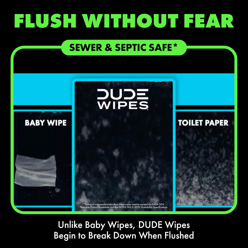 DUDE Wipes Herbal Relief Flushable Wipes - Extra-Large Adult Wet Wipes - 12 Pack (144 Count) - Infused with Soothing Witch Hazel, Geranium Essential Oils, Vitamin E, and Aloe - Septic and Sewer Safe