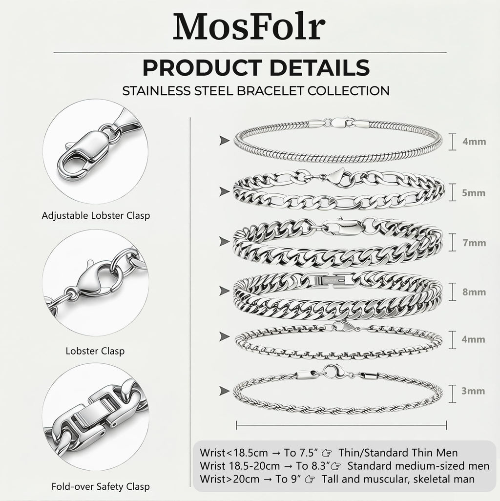 Mosflor 6 Pcs Silver Bracelets for Men, Cuban Link Chain Bracelet Stack Mens Stainless Steel Metal Rope Bracelet Set 8.3 Inches Mens Fashion Accessories Jewelry Non Tarnish for Men Dad Him Husband Son