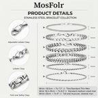 Mosflor 6 Pcs Silver Bracelets for Men, Cuban Link Chain Bracelet Stack Mens Stainless Steel Metal Rope Bracelet Set 8.3 Inches Mens Fashion Accessories Jewelry Non Tarnish for Men Dad Him Husband Son