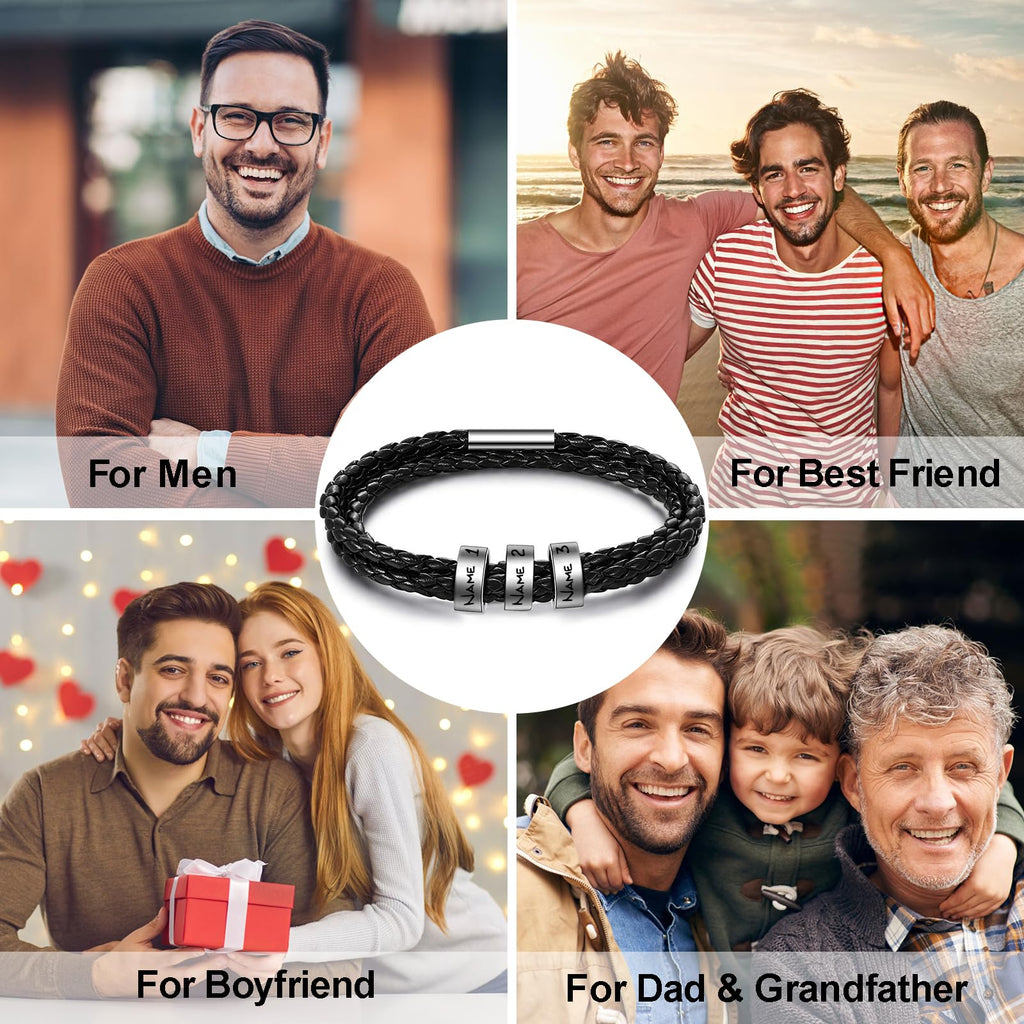 ShineSand Personalized Mens Leather Bracelet with Custom Beads, Customized Braid Leather Bracelet Engraved with Names for Men（Black, 5 Beads