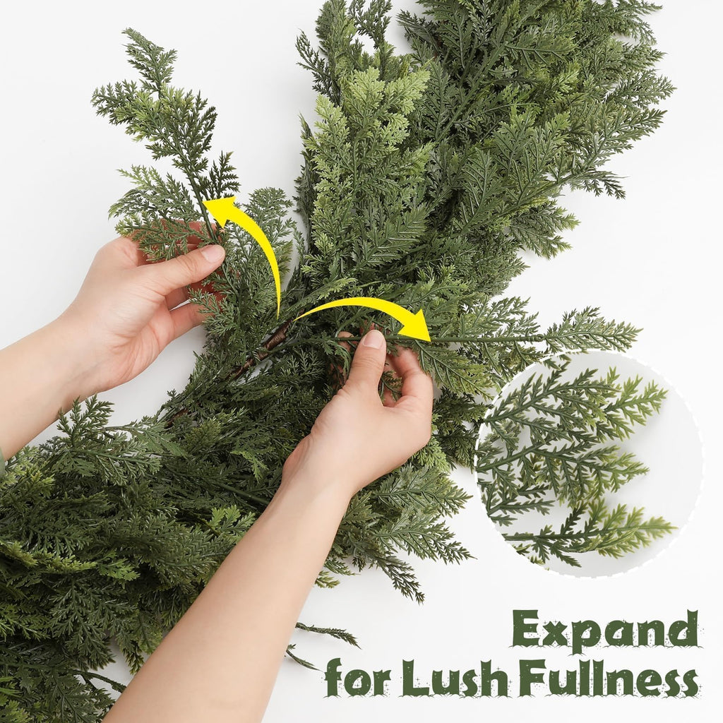 Pre-Lit Christmas Garland 9FT Decorations Real Touch Cedar Cypress Pine Greenery Artificial Green Christmas Garland with Lights for Mantle, Fireplace, Table, Stairs, Door, Indoor Outdoor Decorations