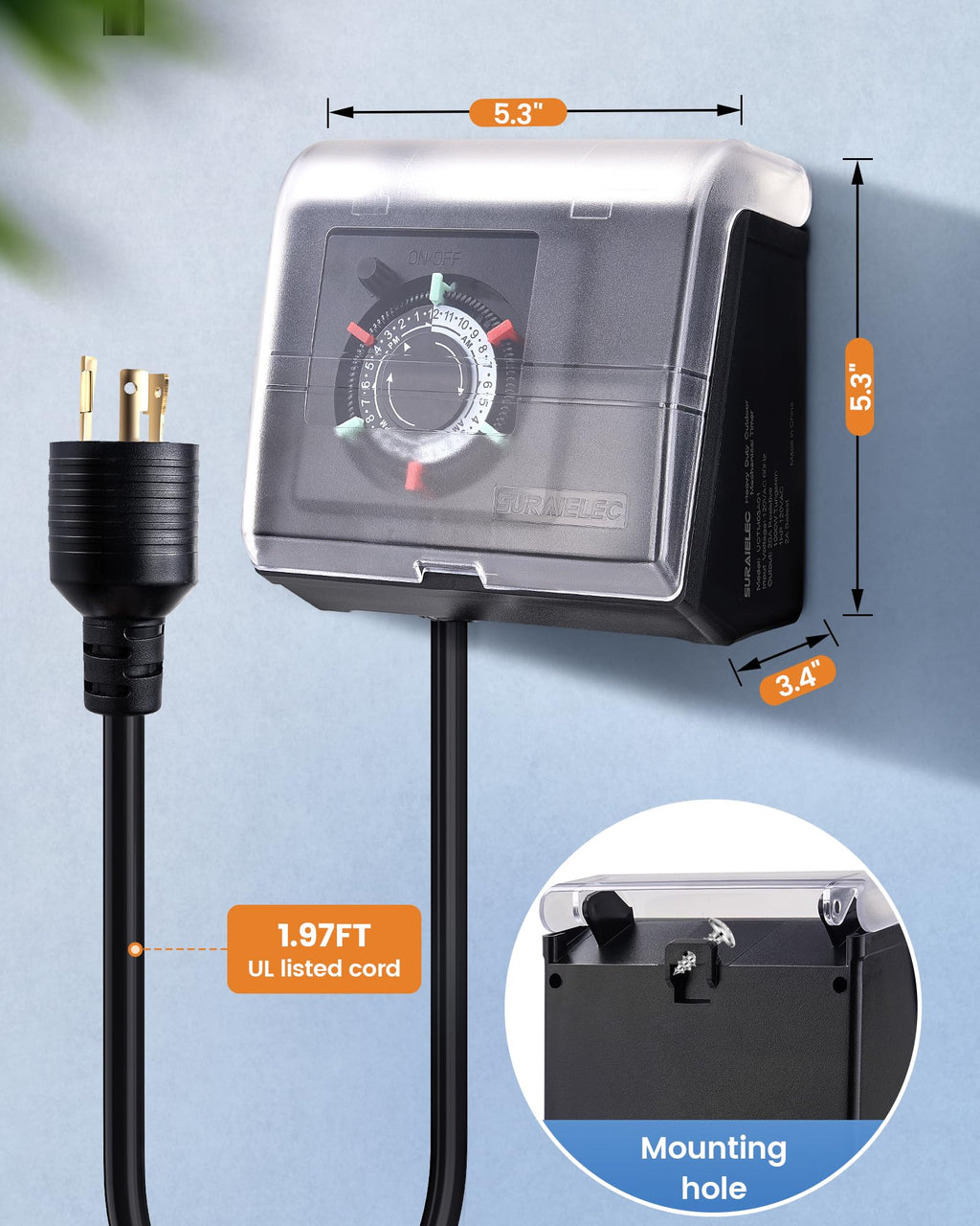SURAIELEC Mechanical Pool Timer for Above Ground Pools, NEMA L5-20R Twist-Lock Plug-in Pool Timer, 20A 125V 1HP, Up to 3 Daily Settings, Weatherproof Cover, for Pumps, Heaters, Fountains and Lighting