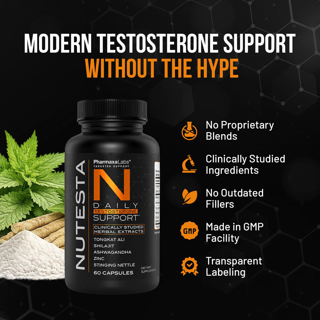 Nutesta Men's Support Supplement - Ashwagandha, Zinc, Boron, Tongkat Ali Root, Stinging Nettle, Black Pepper & Shilajit Gum - 60 Capsules