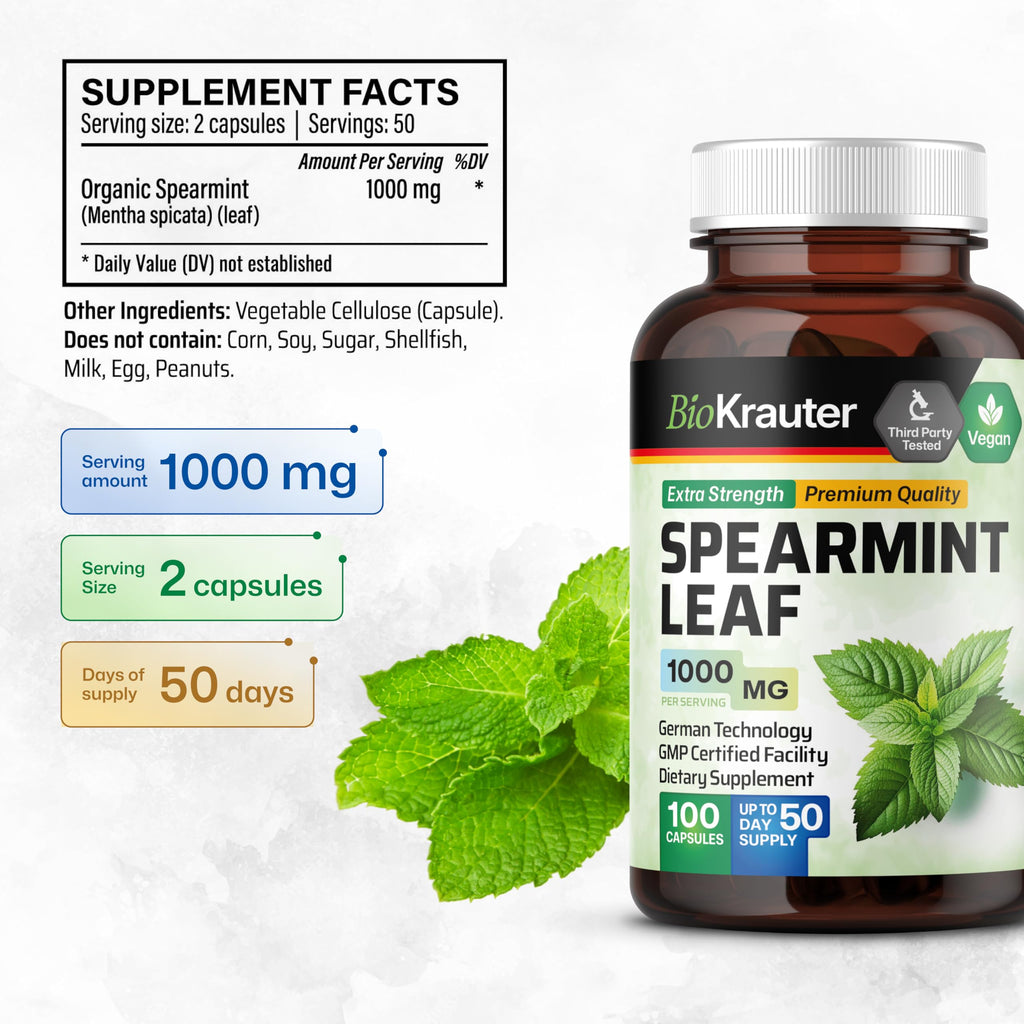 BIO KRAUTER® Spearmint Capsules for Skin Support - Vegan & Pure Spearmint Supplement 1000 mg - Used for Women’s Wellness & Digestive Support - No Fillers, Non-GMO - 50 Days of Supply, 100 Capsules