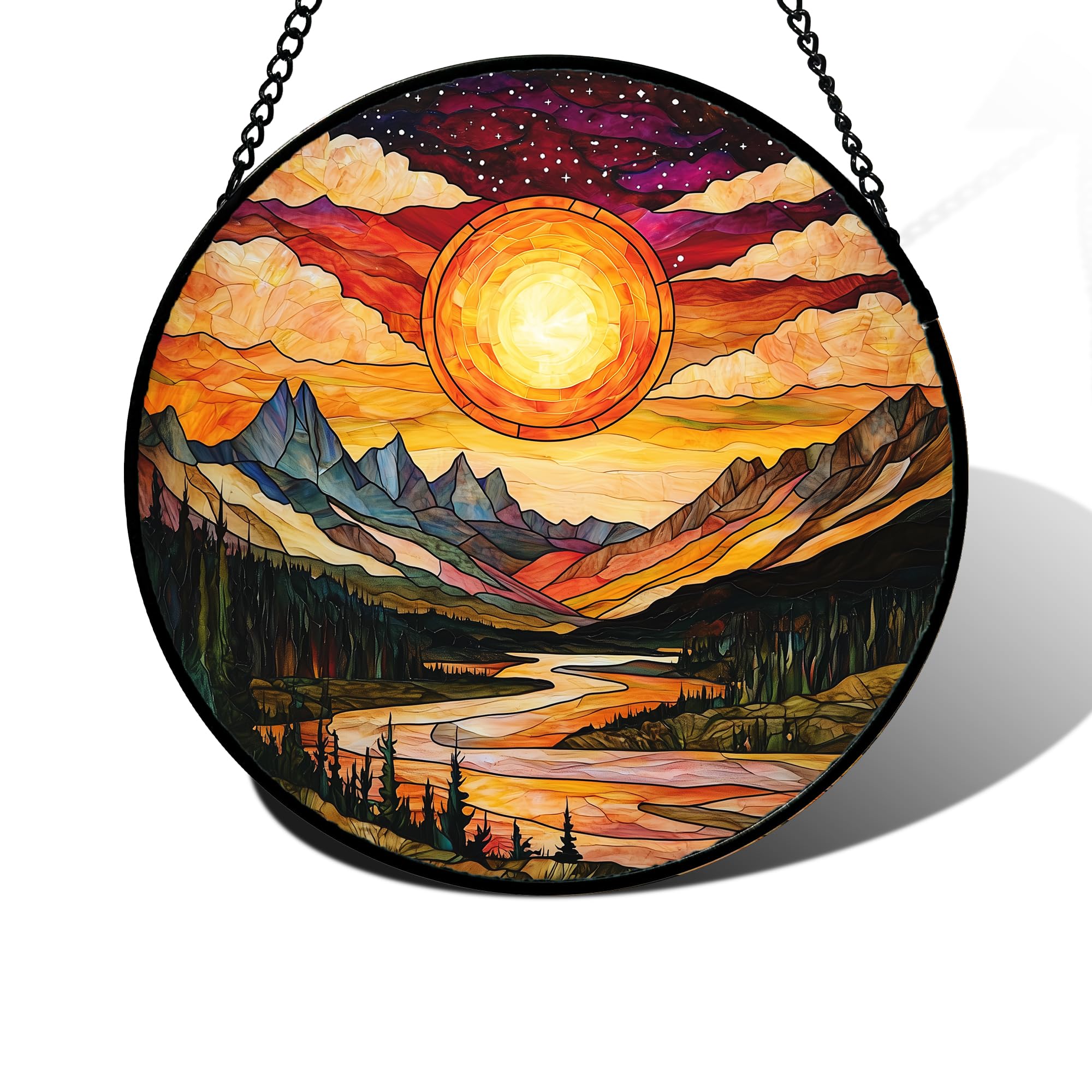 DASTOLL Stained Glass Window Hanging, Dusk Sunset Landscape Sun Catchers Glass Panel Lakes and Mountains Suncatcher Decor for Birthday for Women, Men, Wife, Aunt, and Mom 7.8 in