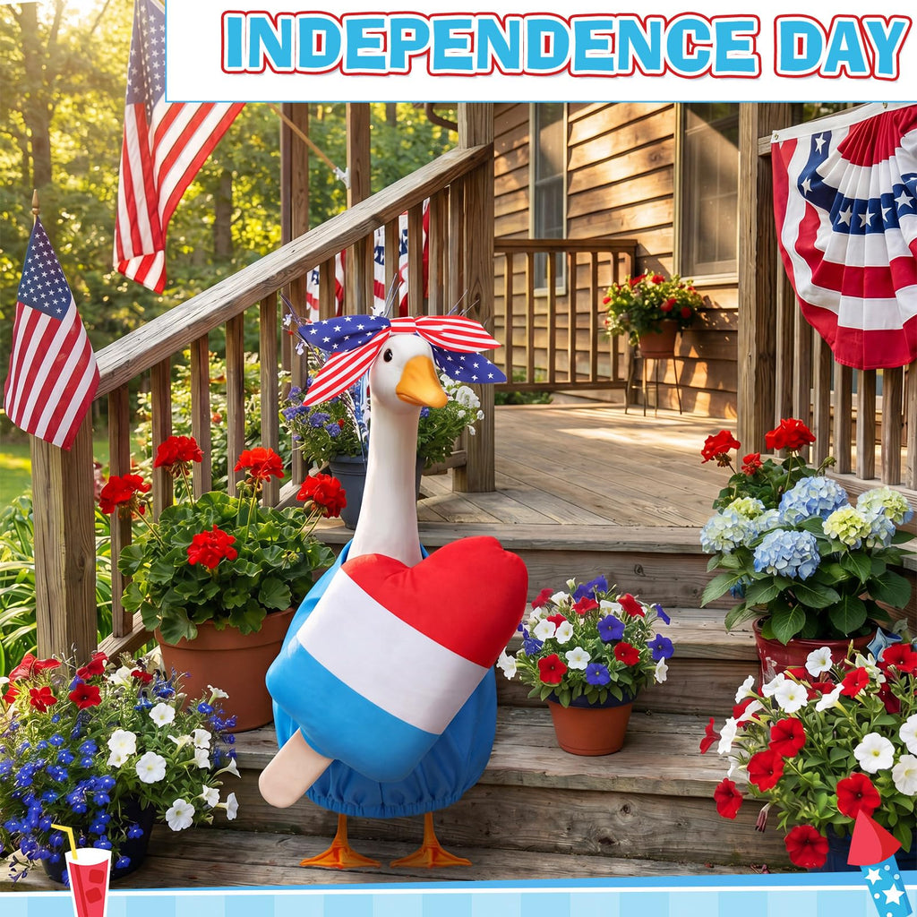 SilTriangle 4th of July Porch Goose Outfit Patriotic Pillow Design with Top Hat for 23" Lawn Cement Goose Independence Day Garden Patio Yard Outdoor Decorations(Ice Lolly)