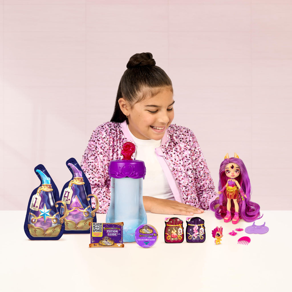 Magic Mixies Pixlings Deluxe Pack, Pippa The Firehorse, Shimmer Reveal, Create & Mix Potion That Magically Reveals 6.5" Pixling Doll Inside Potion Bottle - Exclusive Mini Mixies & 6 Hair Accessories