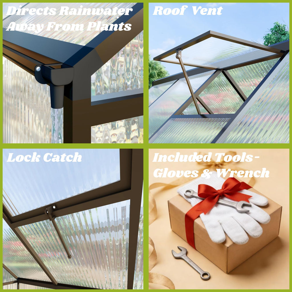 FLY BY YAN 6x6FT Outdoor Polycarbonate Greenhouse with Roof Vent, Dark Gray