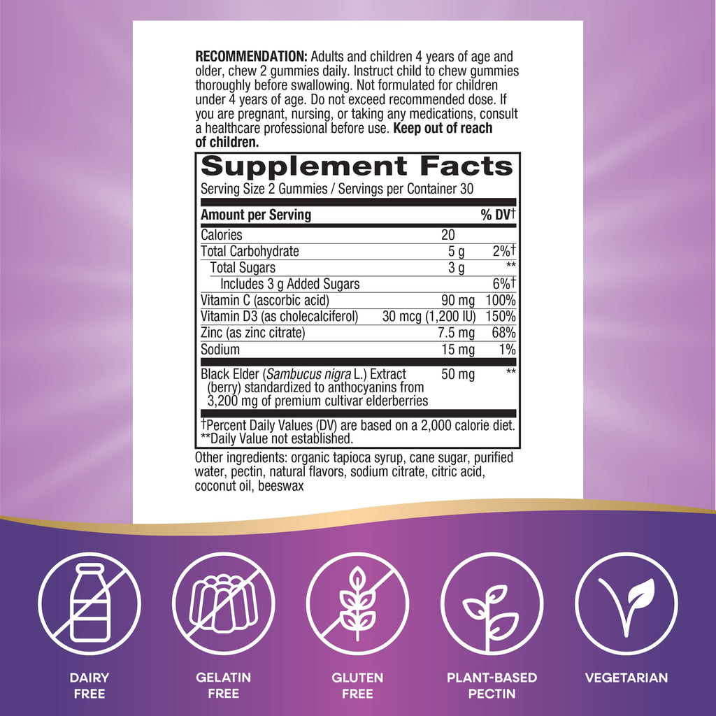 Nature's Way Sambucus Elderberry Gummies, Immune Support Gummy for Adults & Kids Ages 4+ with Black Elderberry Extract, Vitamin C, Vitamin D3, and Zinc*, 60 Gummies (Set of 3)
