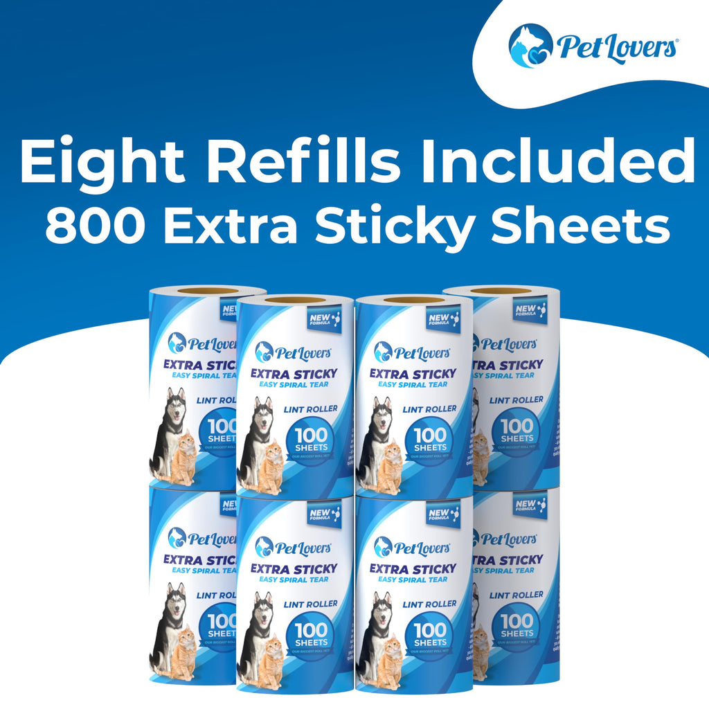 PetLovers Extra Sticky Lint Roller Mega Value Set for Pet Hair Removal, Dog and Cat Lint Remover (8 Pack Refills)