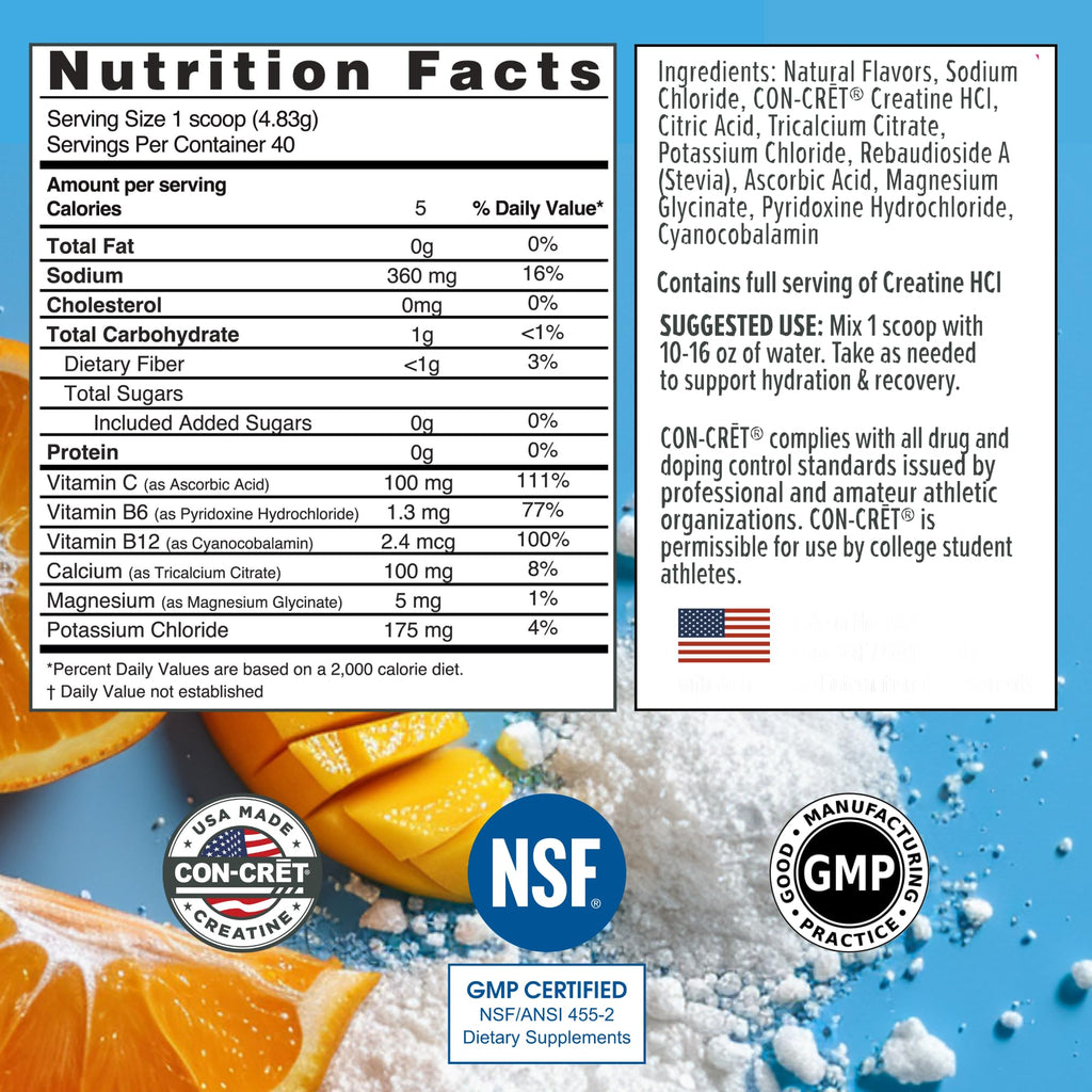 CON-CRET Creatine HCl + Hydration | Electrolyte Powder Tub | Citrus Mango | Sugar Free Electrolytes | Rehydration Formula w Potassium, Sodium, Zinc, Magnesium to Hydrate & Recover (40 serv)