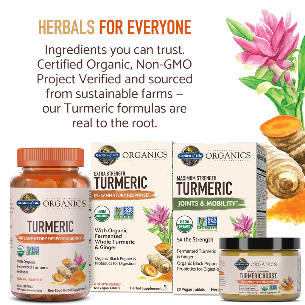 Garden of Life Organics Extra Strength Turmeric Inflammatory Response 60 Tablets-100mg Curcumin (95% Curcuminoids) Black Pepper, Probiotics, Organic Non-GMO Vegan Gluten Free Herbal Supplement