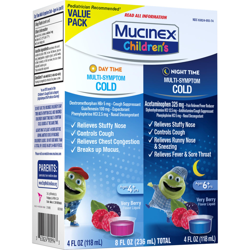Mucinex Cold & Cough, Children's Multi-Symptom Day/Night Liquid, Very Berry, 8oz (2x4oz) Relieves Nasal & Chest Congestion, Thins & Loosens Mucus, Controls Cough, Reduces Fever, Soothes Sore Throat