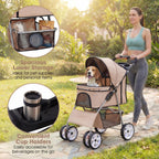 Giantex Foldable Pet Stroller for Small Dogs & Cats, Lightweight Dog Stroller with Lockable Wheels, One-Hand Quick Fold, Adjustable Canopy, Safety Leash & Storage Basket, Pet Travel Stroller, Beige