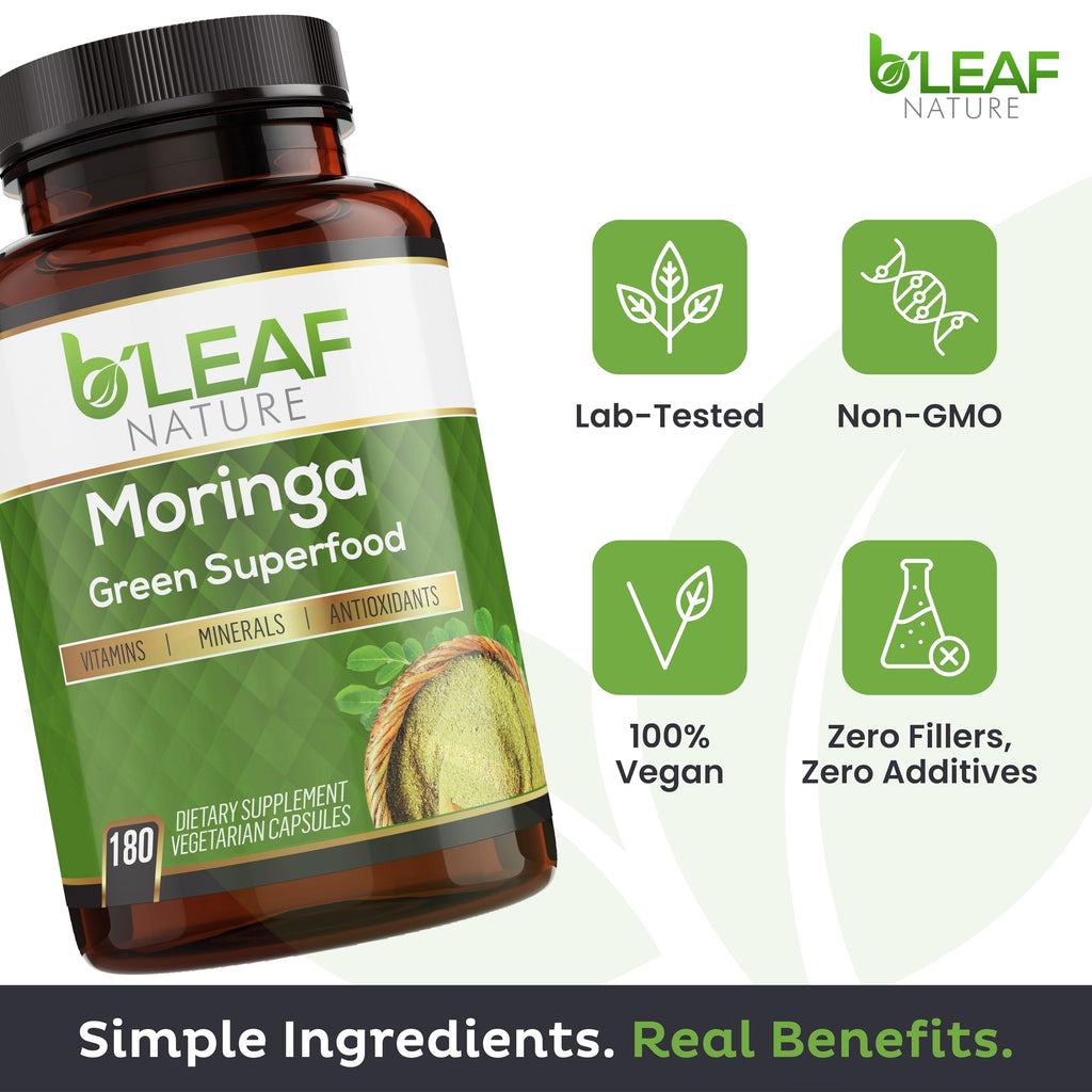 B’Leaf Nature 100% Pure Organic Moringa Oleifera Leaf Powder Capsules I Immune Support I 1000mg per serving I Gluten-Free Non-GMO I Superfood w/ Essential Vitamins & Amino Acids I 180 Veggie Capsules