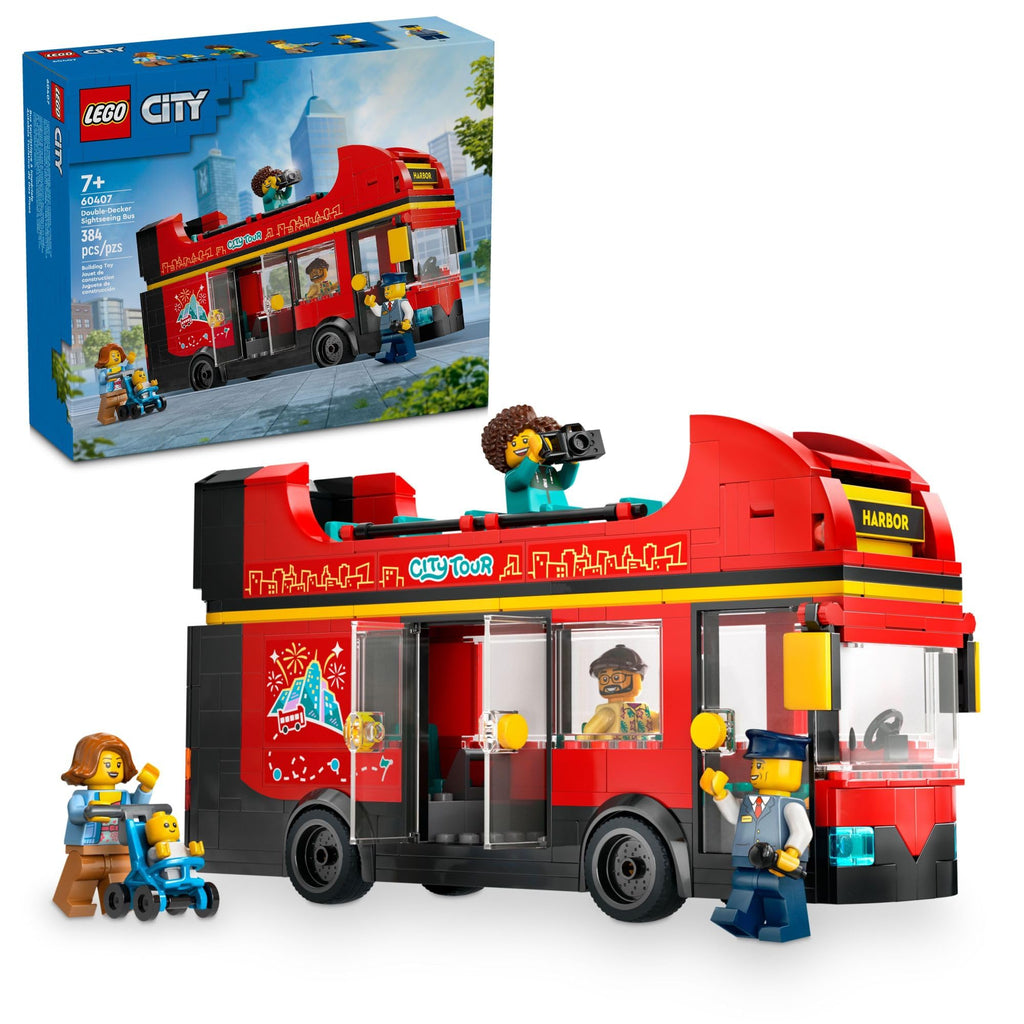 LEGO City Red Double-Decker Sightseeing Bus Toy Vehicle Set, Birthday Gift for 7 Year Olds, London Bus, for Kids, Double-Decker Bus Toy, 5 Characters Including a Baby and Stroller, 60407