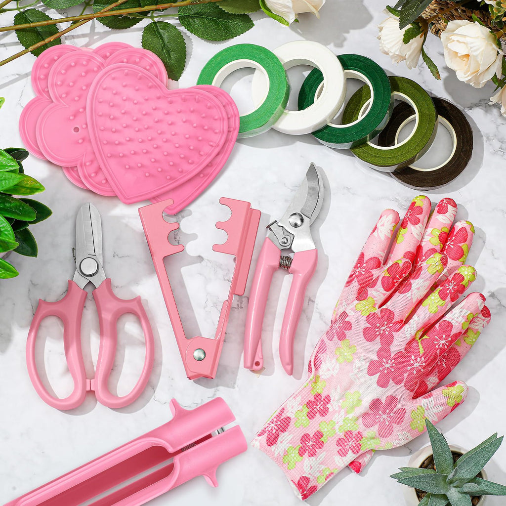 14 Pcs Mother's Day Rose Stripper Thorn Remover Tool Garden Pruning Shears Scissors Kit Leaf Stripping Tool Floral Gloves and Floral Tape Flower Stripper Kit Gift for Wedding Outdoor Gardening(Pink)