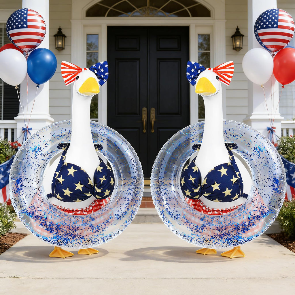 APHIUFR 4th of July Porch Goose Outfits,3 Pcs Goose Outfit Set with Bow Headband,Bikini Skirt and Swim Ring,Fits 23-Inch Lawn Goose Statue,Patriotic Porch Goose Clothes for Yard Garden Patio Decor