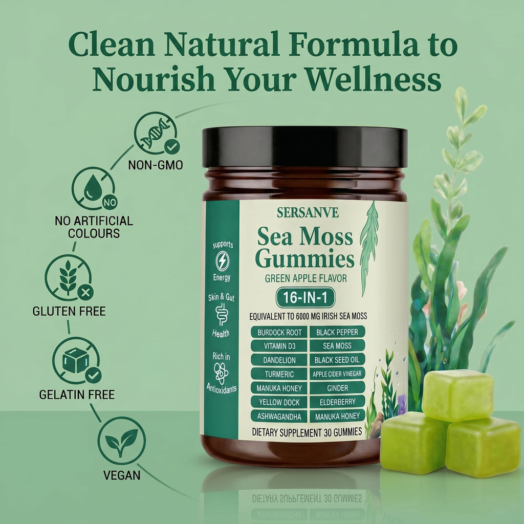 Sea Moss Gummies 16-in-1, with Black Seed Oil, Ashwagandha & Elderberry | Organic Irish Sea Moss Supplement for Men & Women | Daily Support with Manuka, Burdock Root & Vitamins C & D3, 30 Gummies