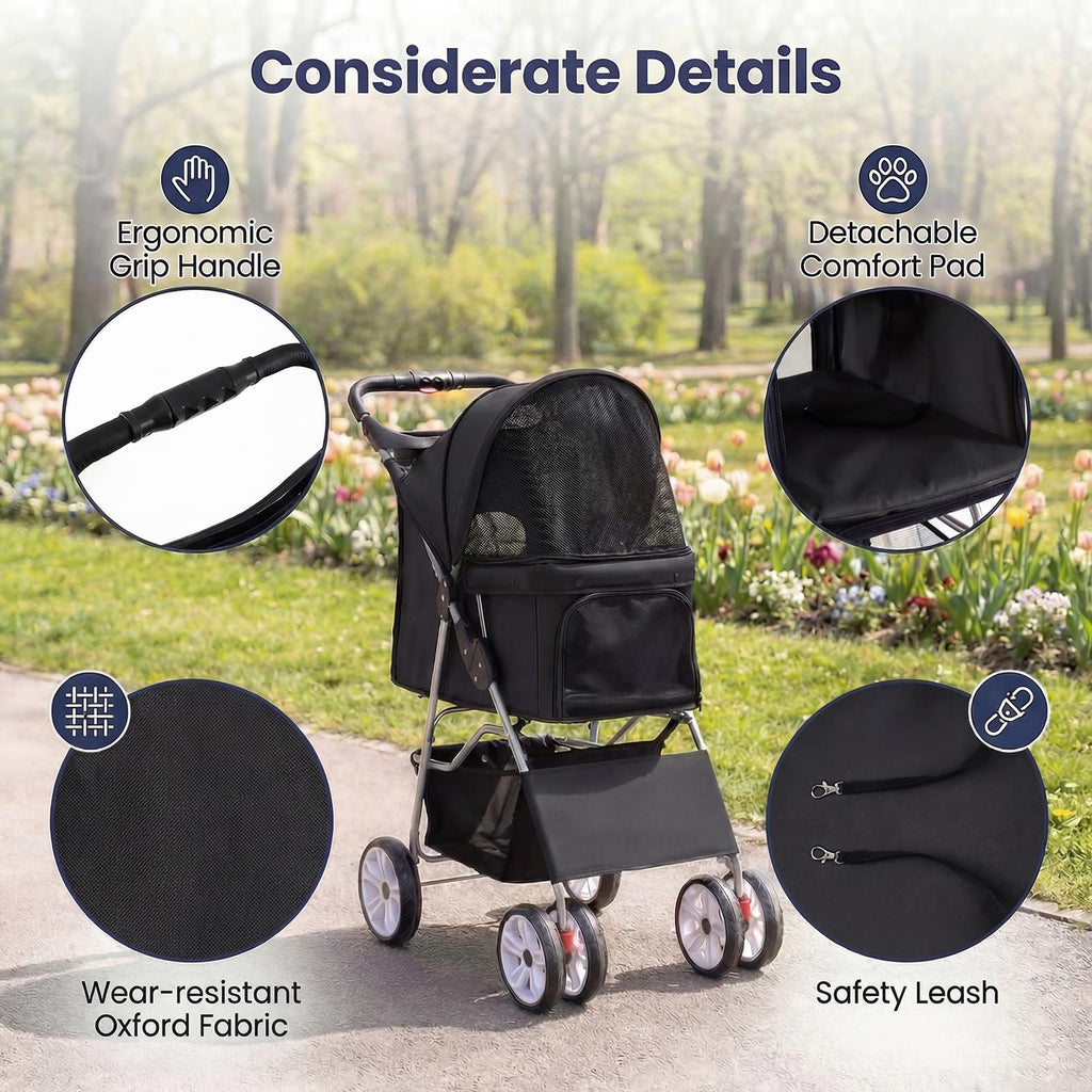 Giantex Foldable Pet Stroller for Small Dogs & Cats, Lightweight Dog Stroller with Lockable Wheels, One-Hand Quick Fold, Adjustable Canopy, Safety Leash & Storage Basket, Pet Travel Stroller, Black