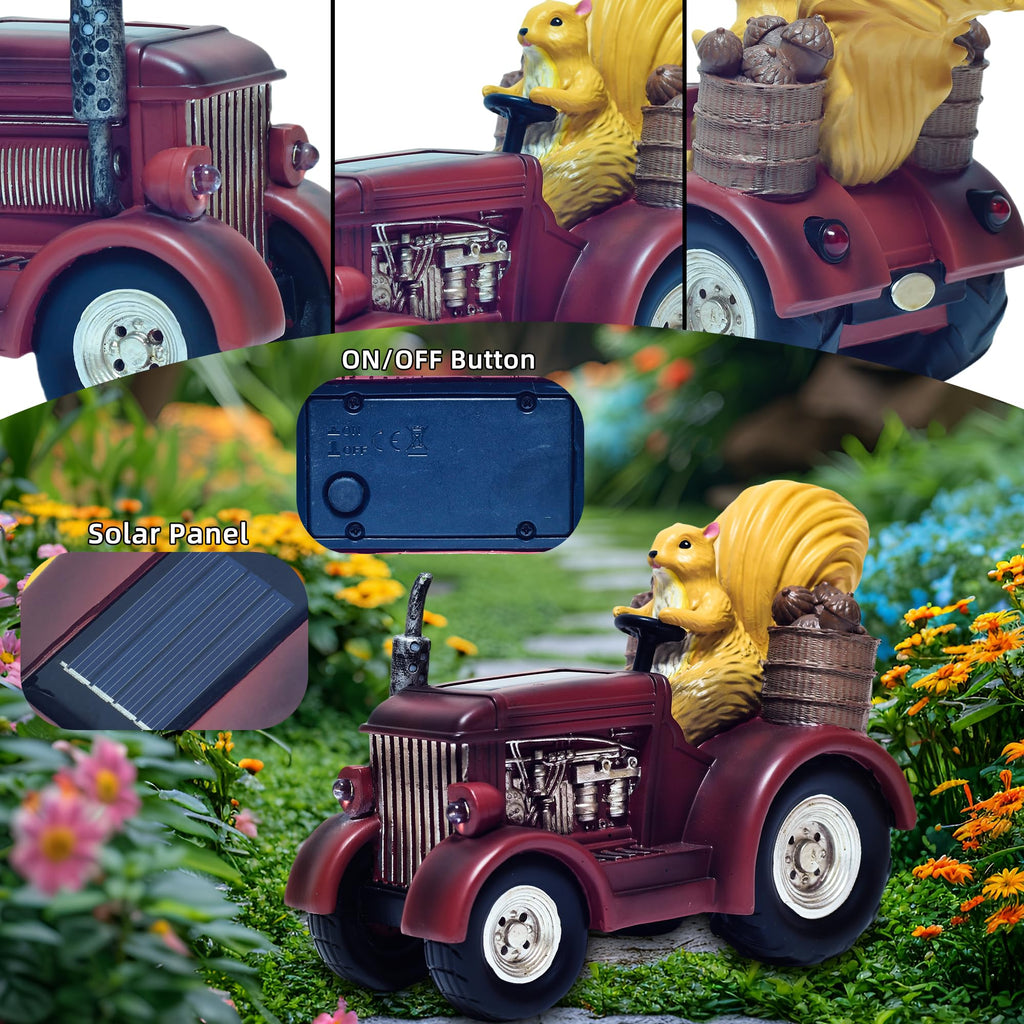 YUETJIN Solar Lighted Squirrel's Farm Tractor Statue