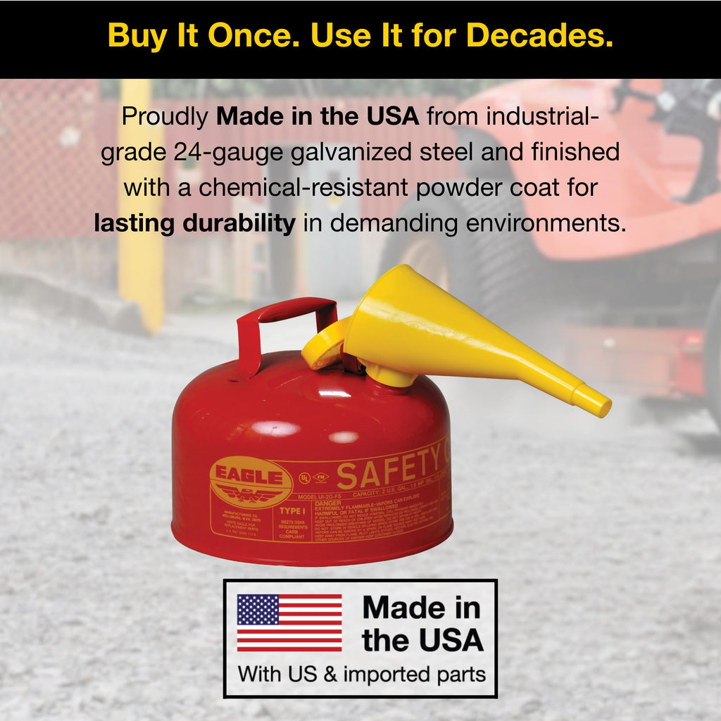 Eagle 2 Gallon Type I Red Safety Gas Can for Gasoline with Flame Arrester, Self-Closing Lid, and F-15 Funnel, Made in the USA, Galvanized Steel Flammable Storage Can, UI20FS
