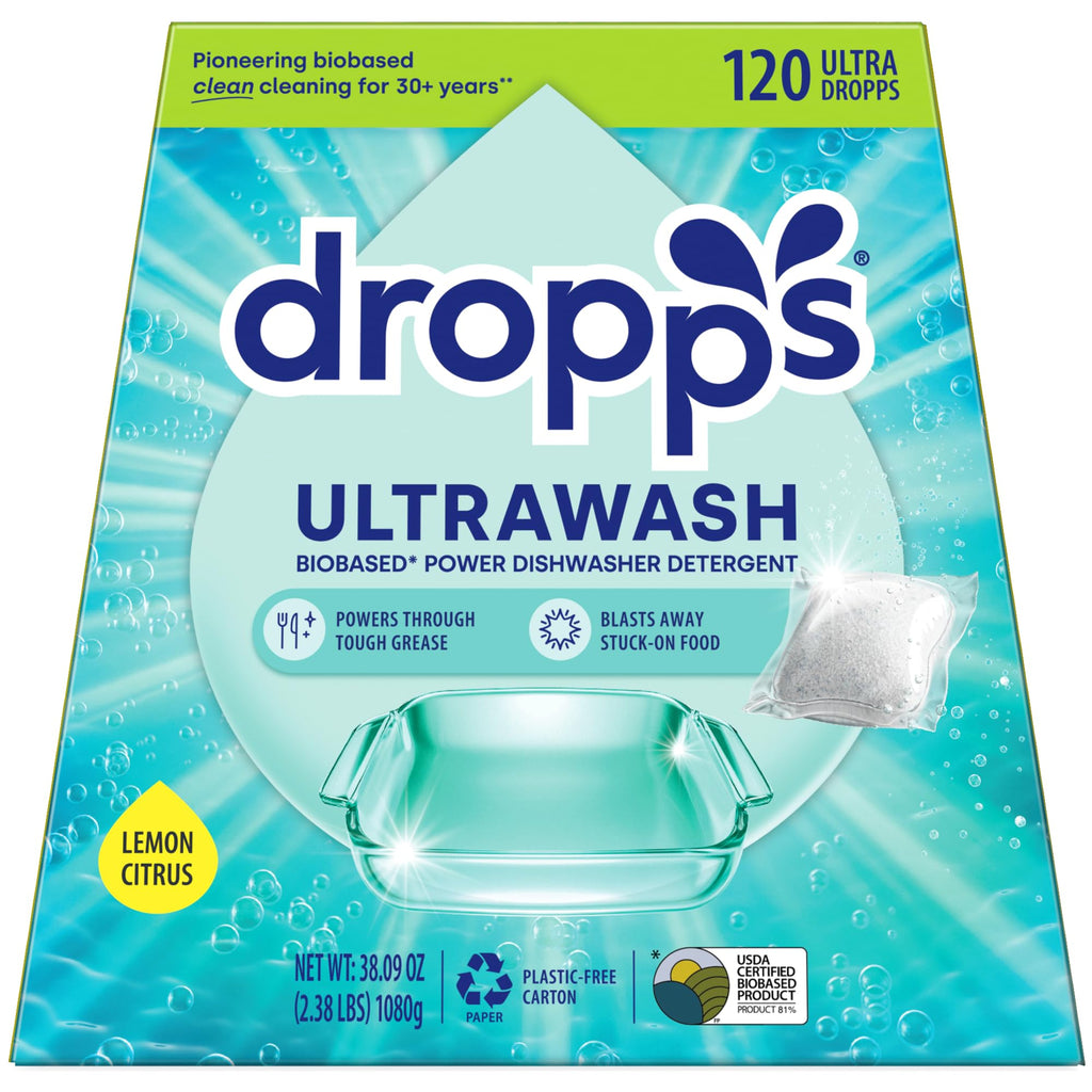 Dropps UltraWash Dishwasher Detergent Pods, Lemon Citrus (120 Ct) - Cuts Grease & Stuck-On Food | Sparkling Dishes & Glasses | Residue-Free | Clean Ingredients | No Pre-Rinse | Plastic Free Packaging