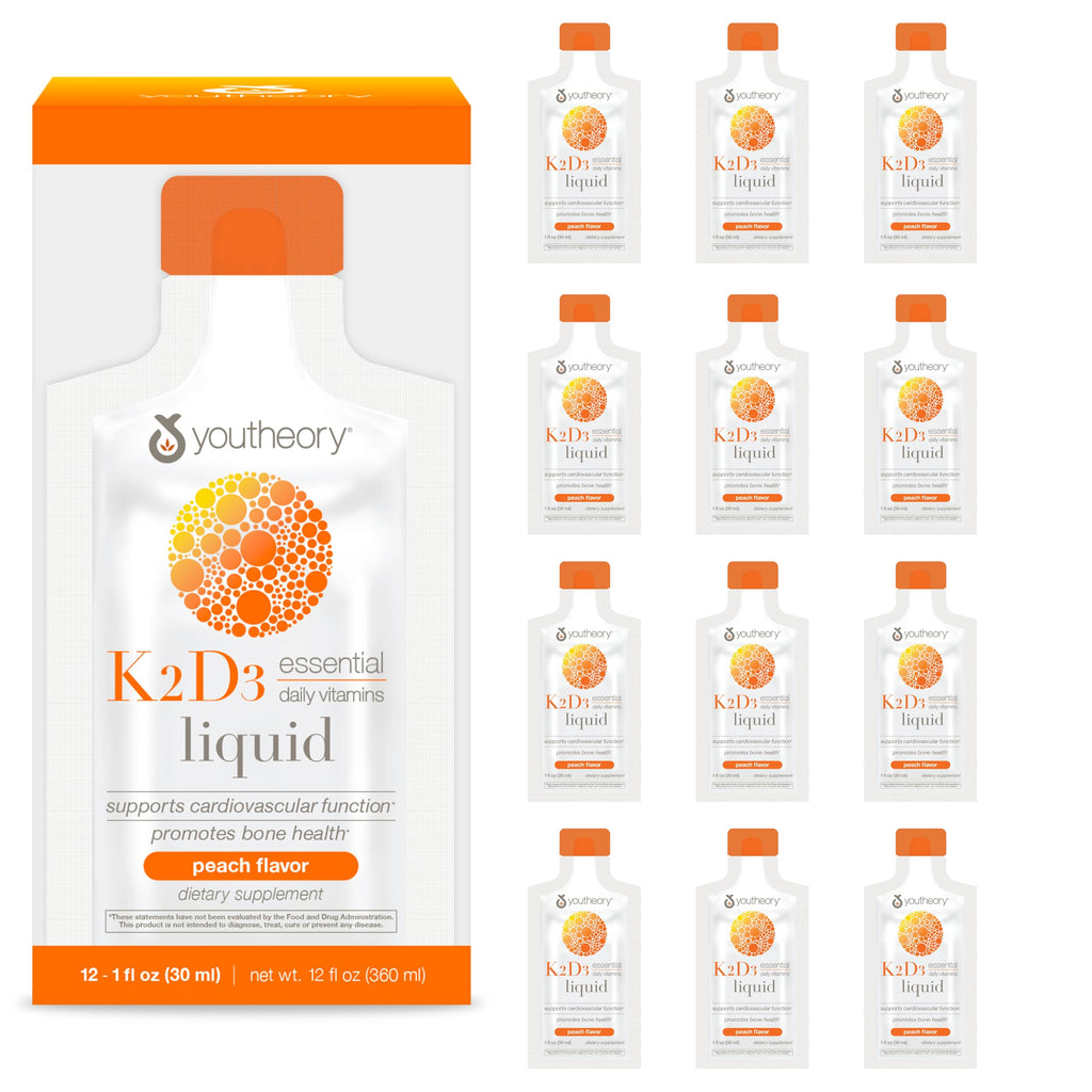 Youtheory K2D3 Liquid - Bone & Heart Health Support* - Combines Vitamin D3 & Vitamin K2 - Dairy, Soy & Gluten Free - Peach, 1 oz (12 Pack)