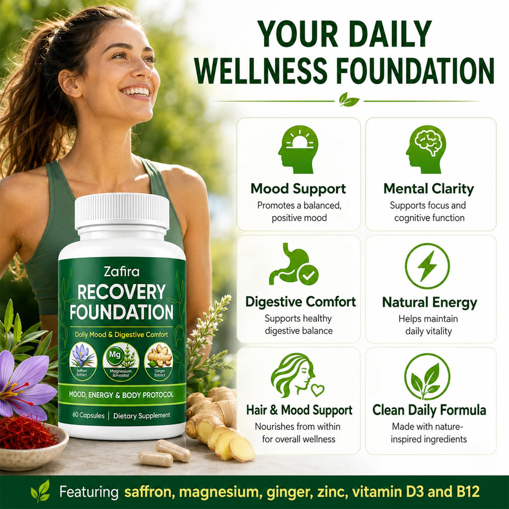 KWEZTY Zafira Organics, Zafira Organics Saffron Supplements, with Saffron Extract, Magnesium Bisglycinate, Ginger, Zinc, Vitamin D3 & B12, Mental Clarity, Hair & Mood Support, 60 Capsules