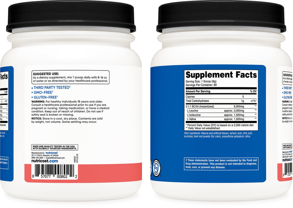Nutricost BCAA Powder (Watermelon, 90 Serv) - Optimal 2:1:1 Ratio