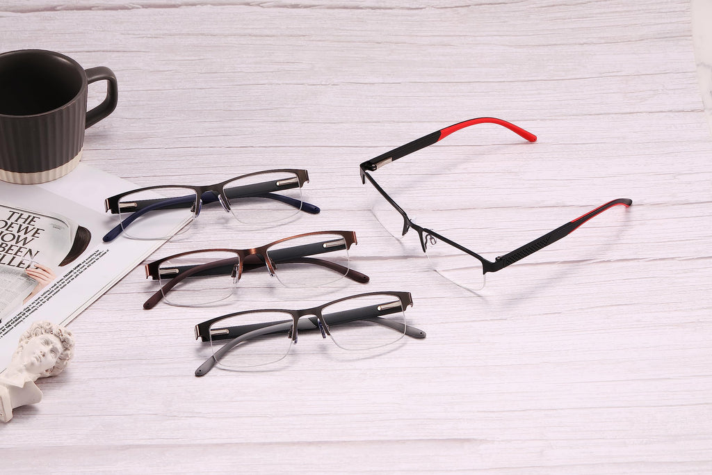 mrbobmslee 4 Pack Reading Glasses for Men, Blue Light Blocking Computer Readers, Anti UV Ray/Eye Strain/Glare, Metal Frame Eyeglasses with Pouches(175 Magnification Strength)